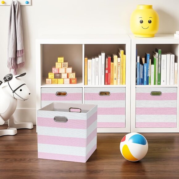 Storage Cube Bins | Set of 4 | Pink & White Stripe | Foldable Fabric Organizers - Picture 1 of 3
